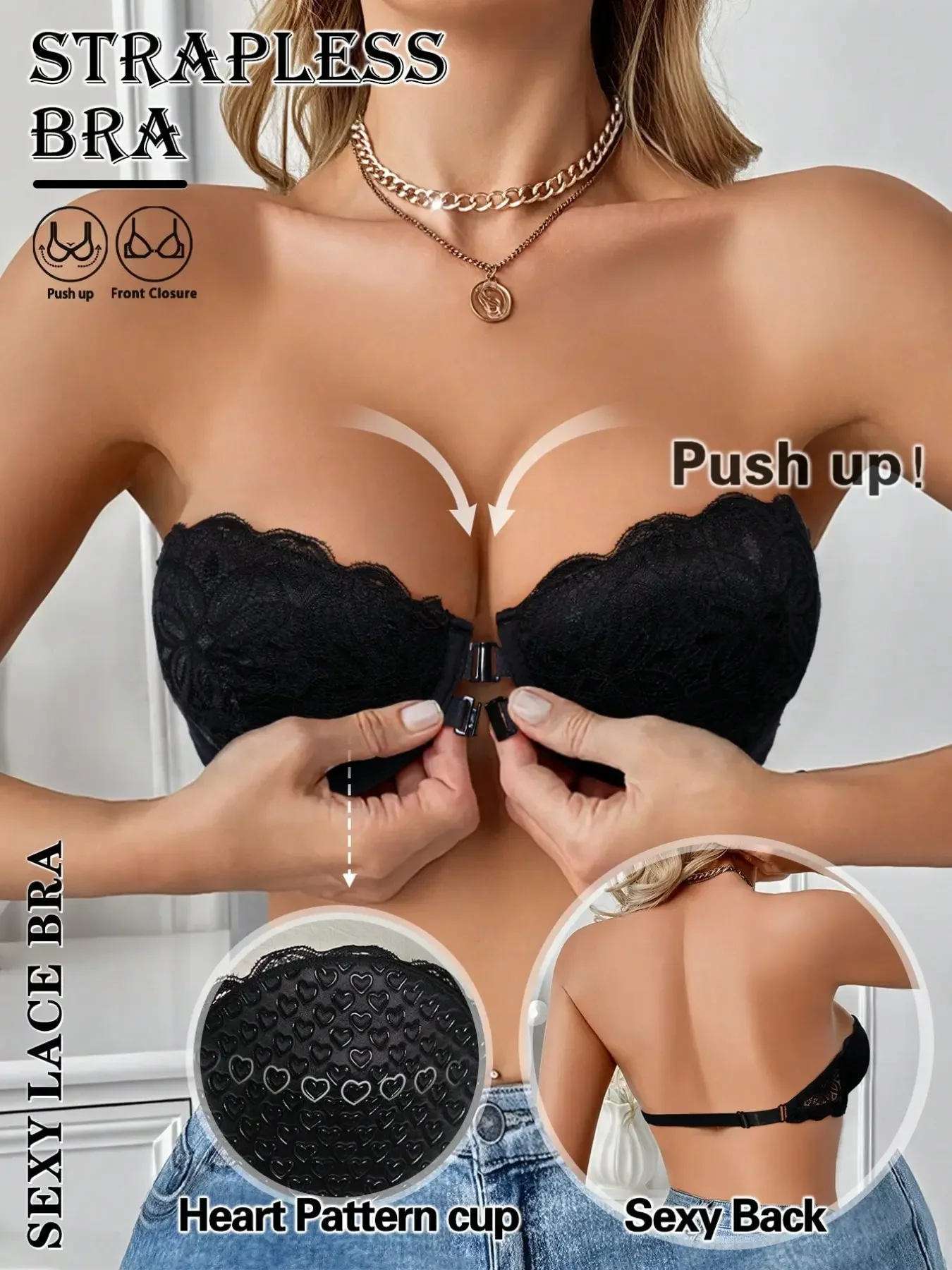 Strapless Bra Backless - Sexy Push-Up-BH mit Spitzenbesatz und Frontverschluss,